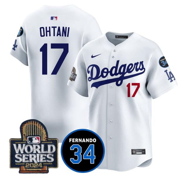 Men's Los Angeles Dodgers #17 Shohei Ohtani White 2024 World Series With Fernando Memorial Patch Limited Stitched Baseball Jersey Men's Los Angeles Dodgers #17 Shohei Ohtani White 2024 World Series With Fernando Memorial Patch Limited Stitched Baseball Jersey